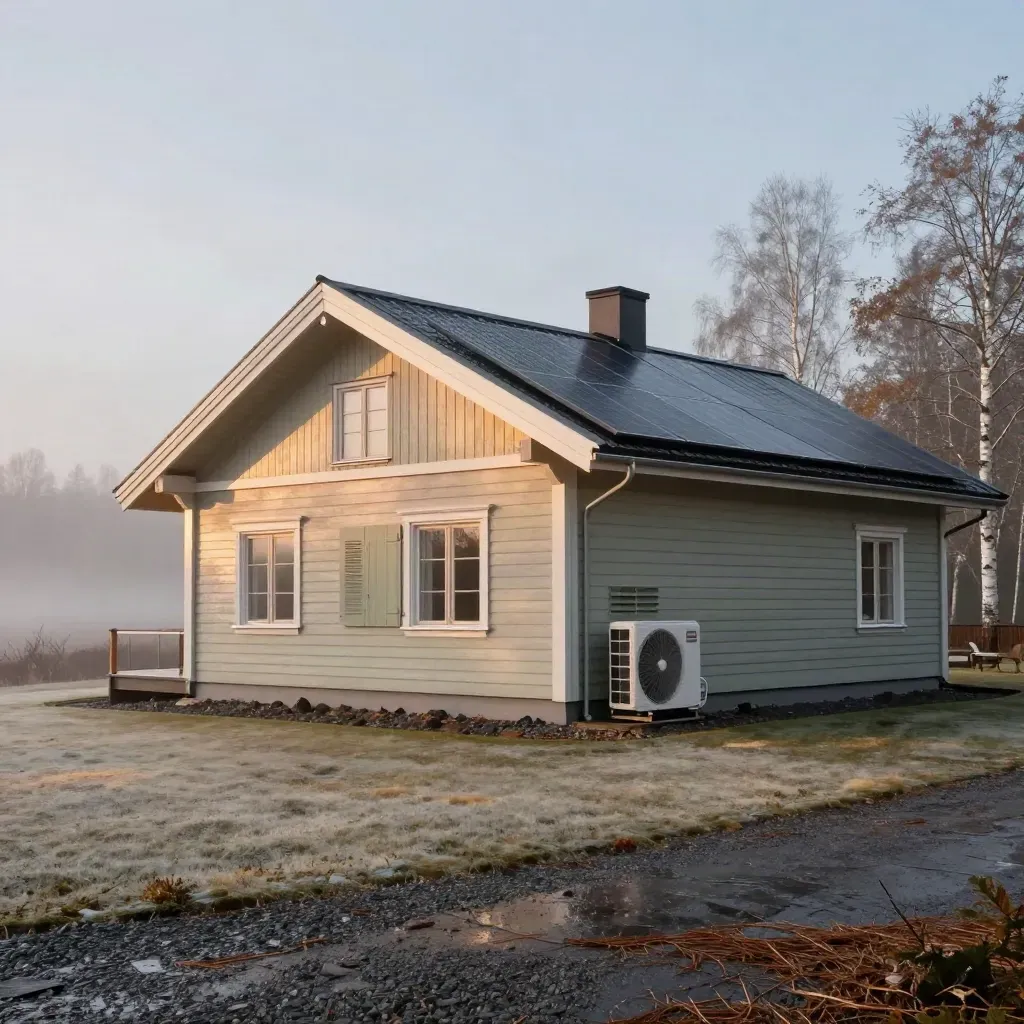 Svensk trävilla i gryning med isolerat tak, värmepump, ventilgaller och solpaneler i dimma.