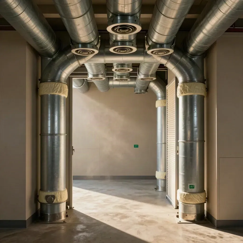 Ventilationsrum med nya kanaler och filterbank i symmetrisk, dramatisk belysning.