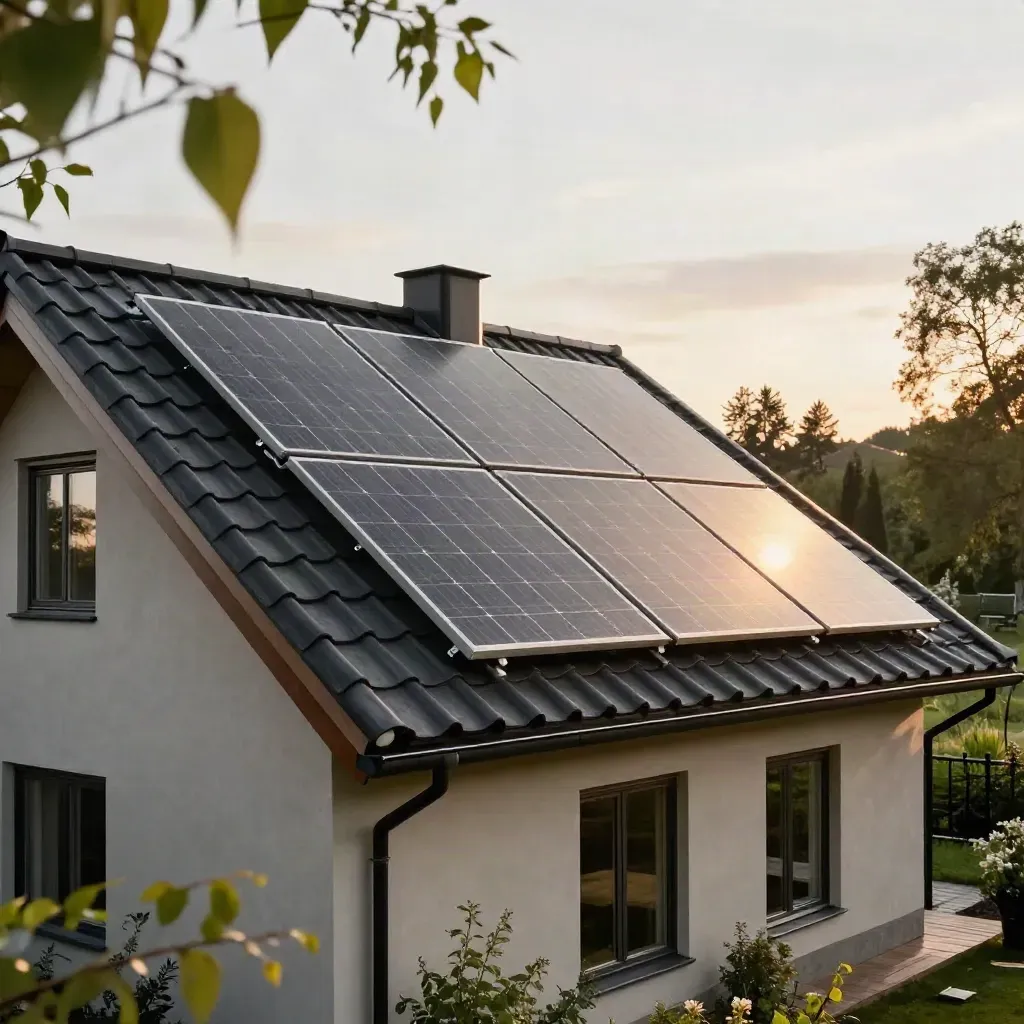 Solpaneler och varmvattenlösning på ett sydtak i kvällsljus ovanför ett svenskt hus