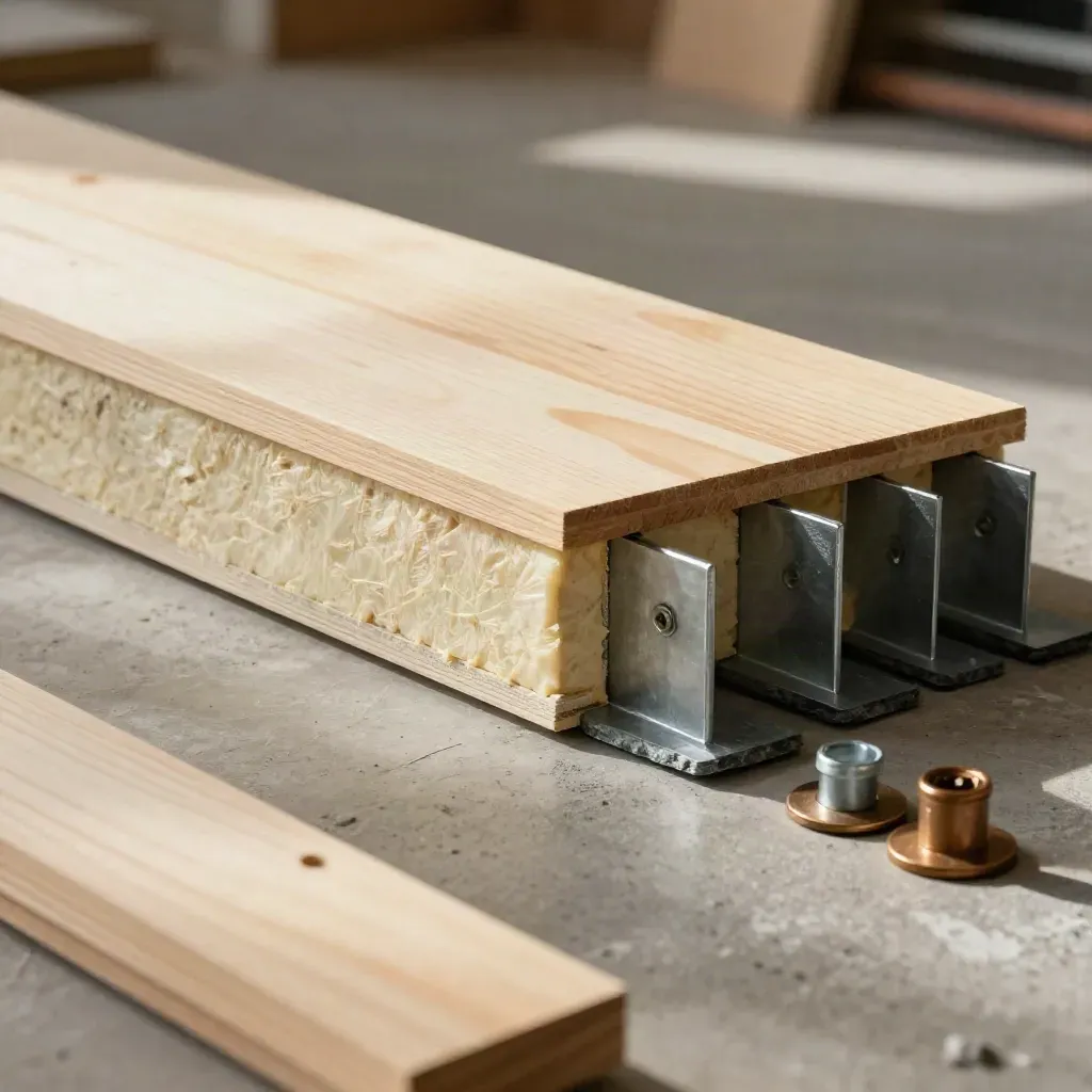 Överifrån: panelprover, isolering och metallbeslag i en ordnad arbetsmiljö.