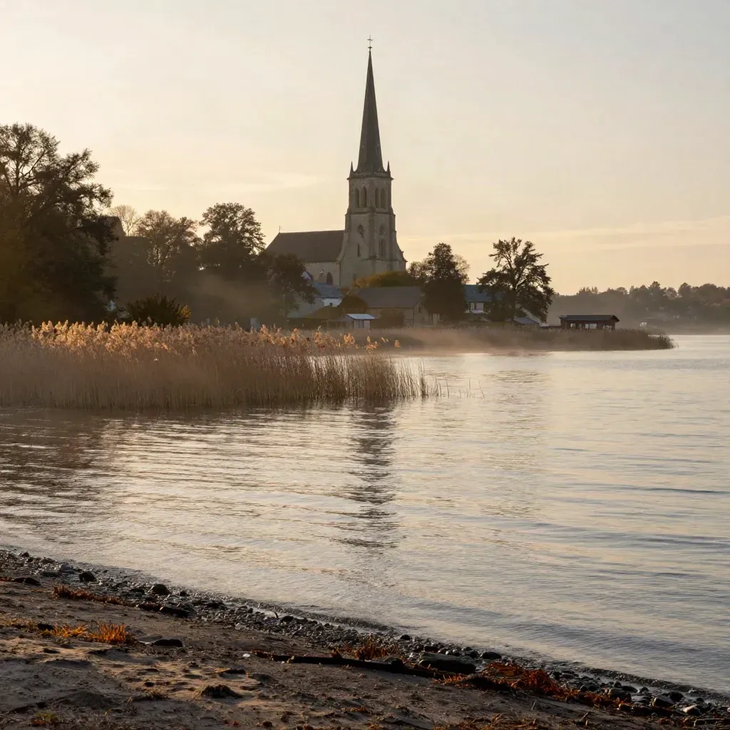 Strängnäs domkyrka över lugn vik i mjukt höstljus och tunn sjödis